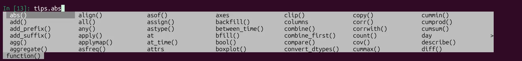 Tính năng tự động hoàn thành bằng phím Tab của IPython hiển thị các phương thức có sẵn cho DataFrame 'tips'