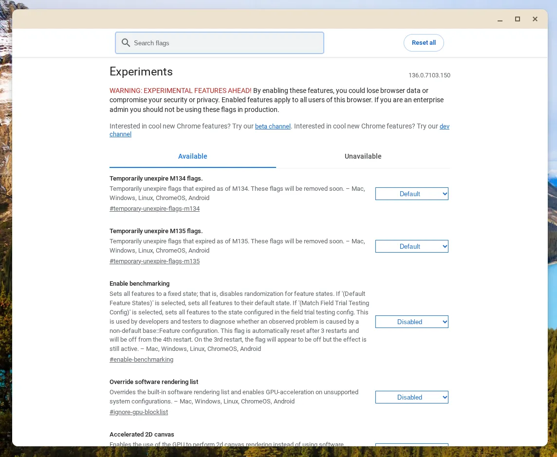 Trang cài đặt các tính năng thử nghiệm (flags) của ChromeOS hiển thị nhiều tùy chọn để tinh chỉnh