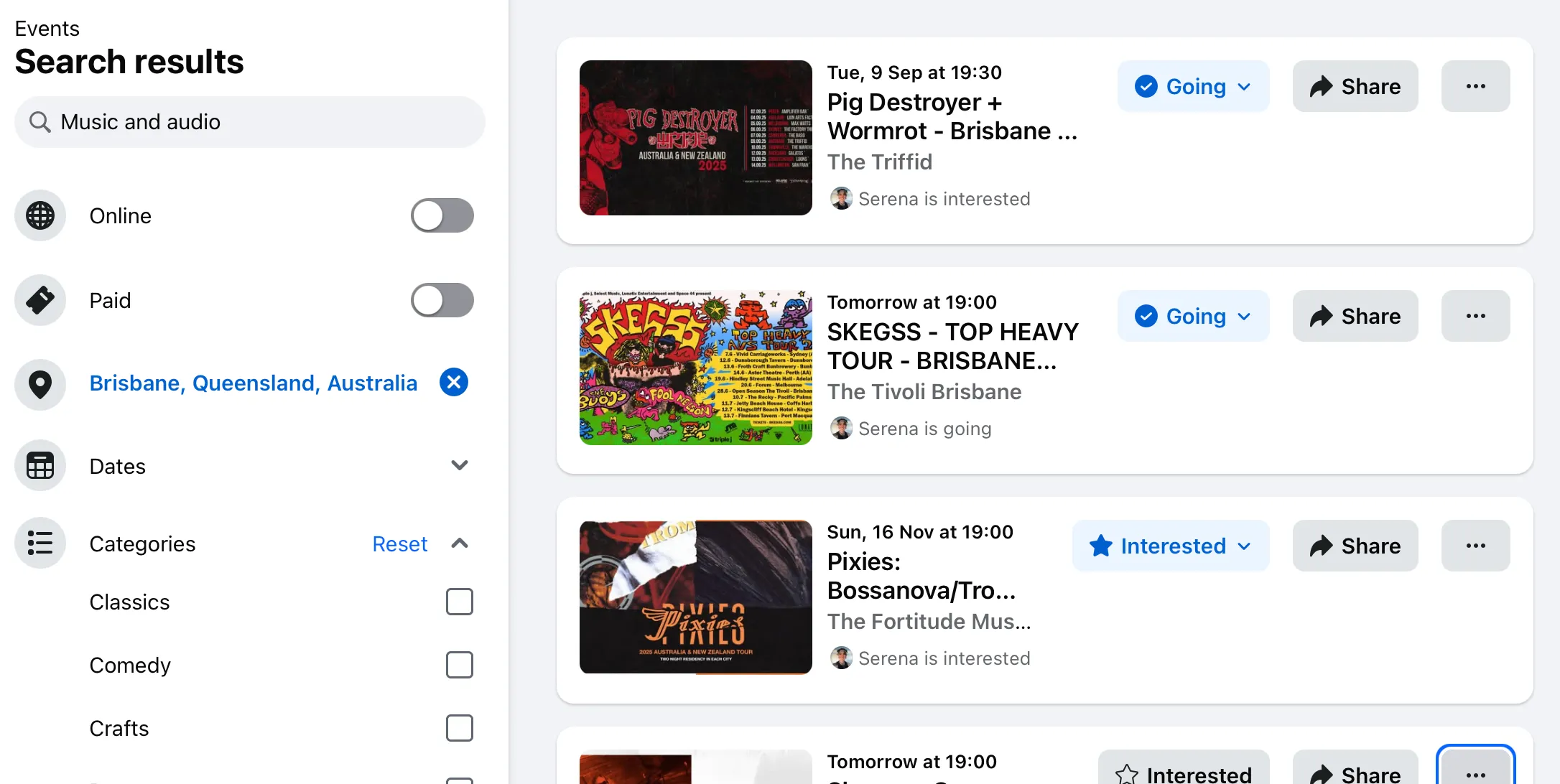 Trang sự kiện Facebook hiển thị các buổi biểu diễn âm nhạc sắp tới, hữu ích để tìm concert và nghệ sĩ mới.