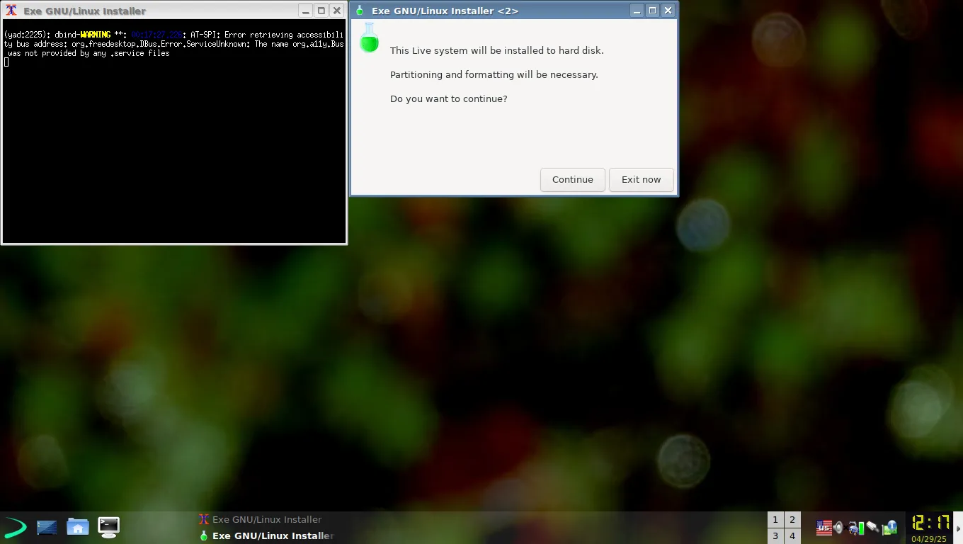 Trình cài đặt tùy chỉnh của EXE GNU/Linux với giao diện đơn giản, khác biệt so với trình cài đặt Debian.