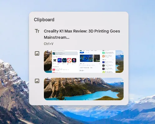 Trình quản lý clipboard hiển thị nội dung đã sao chép gồm văn bản và hình ảnh trên ChromeOS