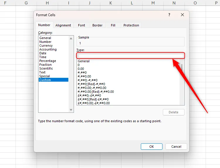 Trường Type trống trong phần Custom của hộp thoại Format Cells trong Excel, nơi nhập mã định dạng số tùy chỉnh