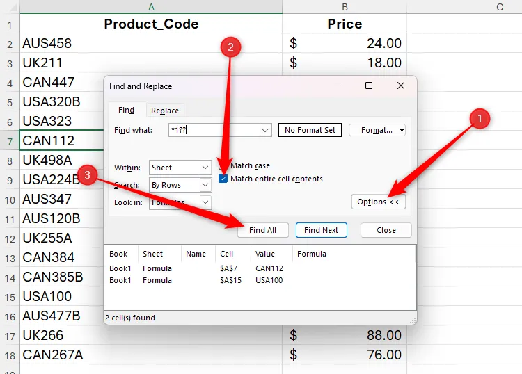 Tùy chọn &quot;Match Entire Cell Contents&quot; được chọn trong hộp thoại Find and Replace của Excel để tìm kiếm chính xác toàn bộ nội dung ô.