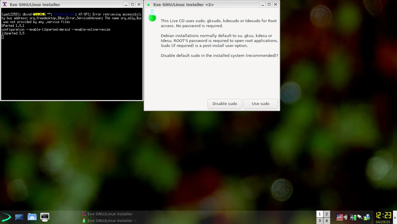 Tùy chọn vô hiệu hóa Sudo trong quá trình cài đặt EXE GNU/Linux, cùng với cảnh báo về việc hiển thị mật khẩu.