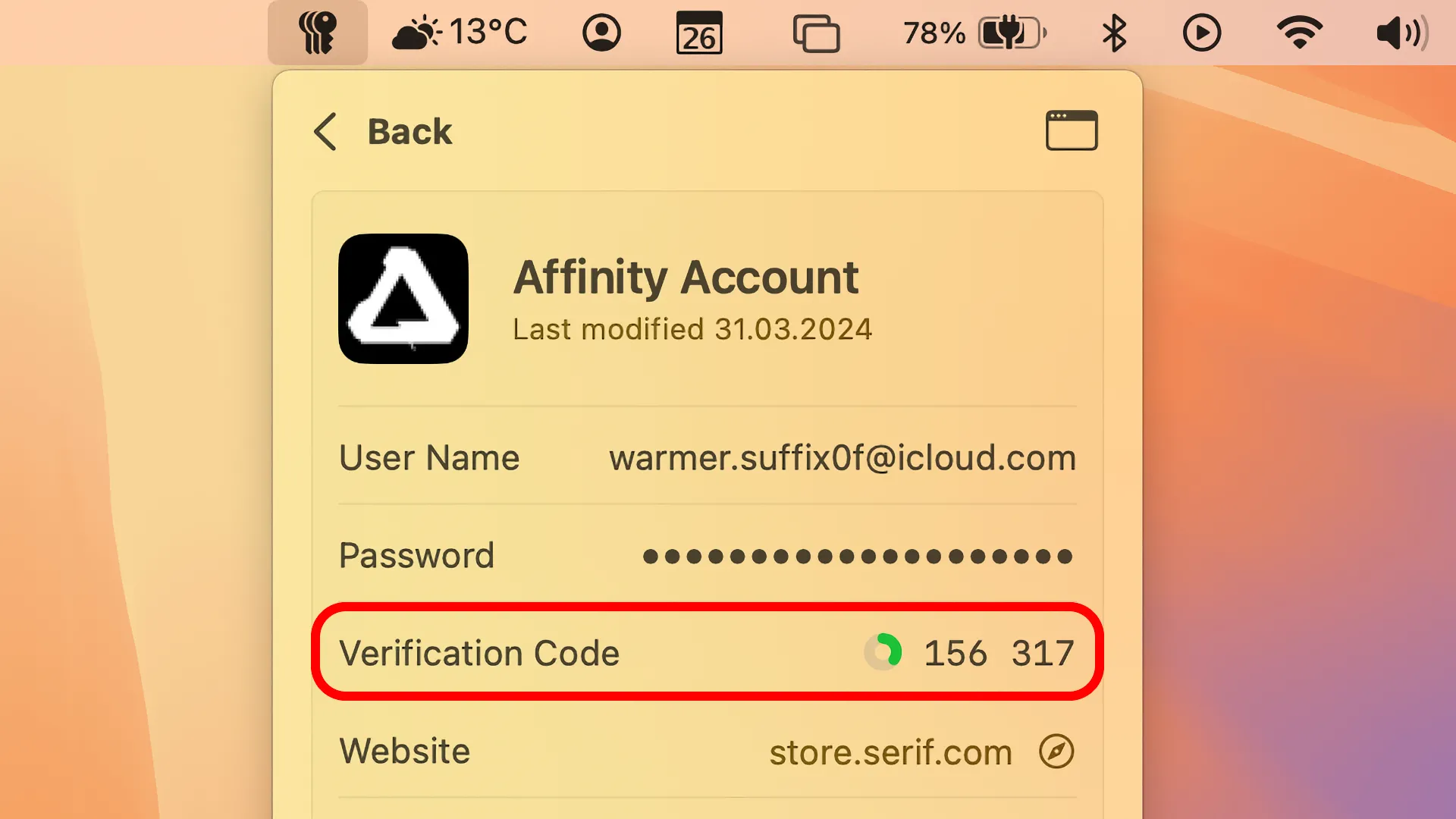 Ứng dụng Mật khẩu trên thanh menu macOS Sequoia 15.4 hiển thị bộ đếm thời gian cho mã xác thực 2FA