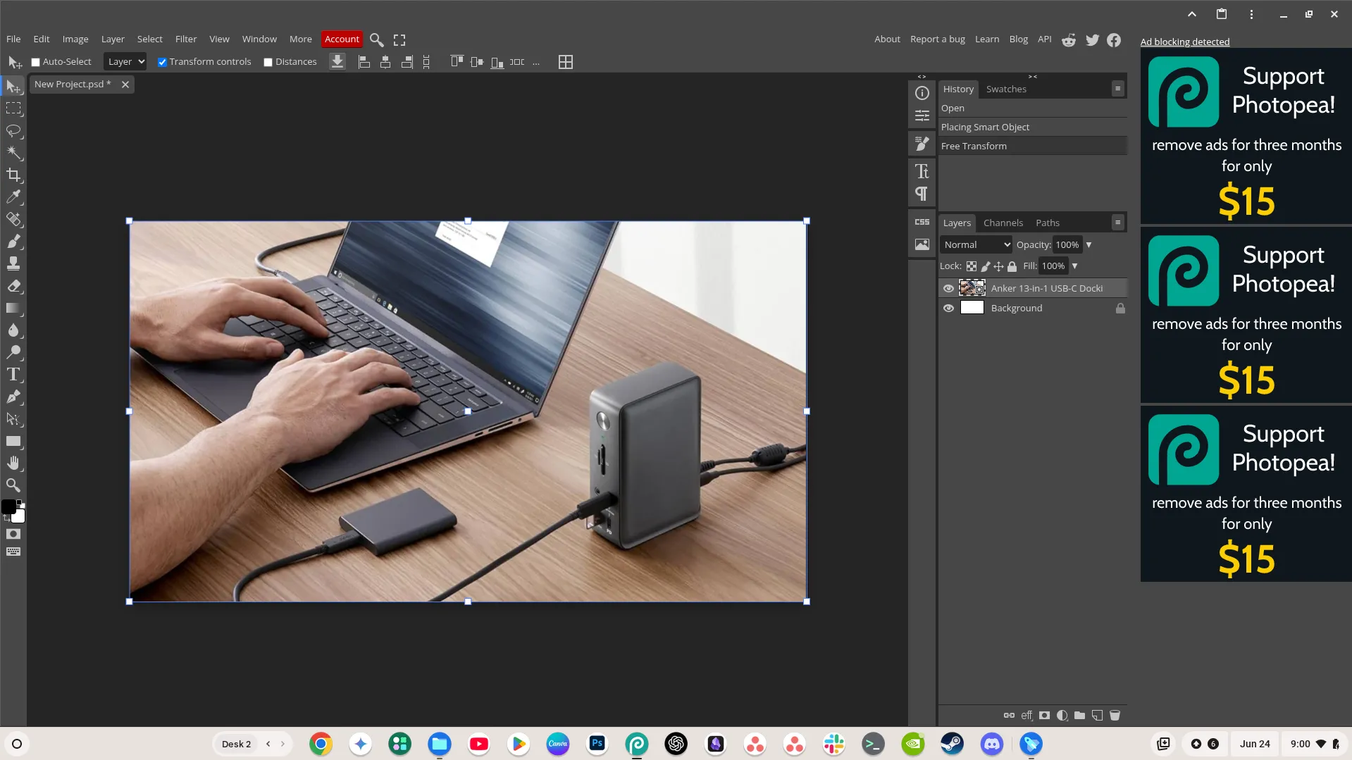 Ứng dụng web tiến bộ Photopea (PWA) đang mở trên Chromebook, mang lại trải nghiệm giống ứng dụng gốc