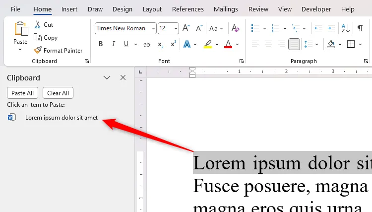 Văn bản được chọn và sao chép vào ngăn Clipboard trong Microsoft Word