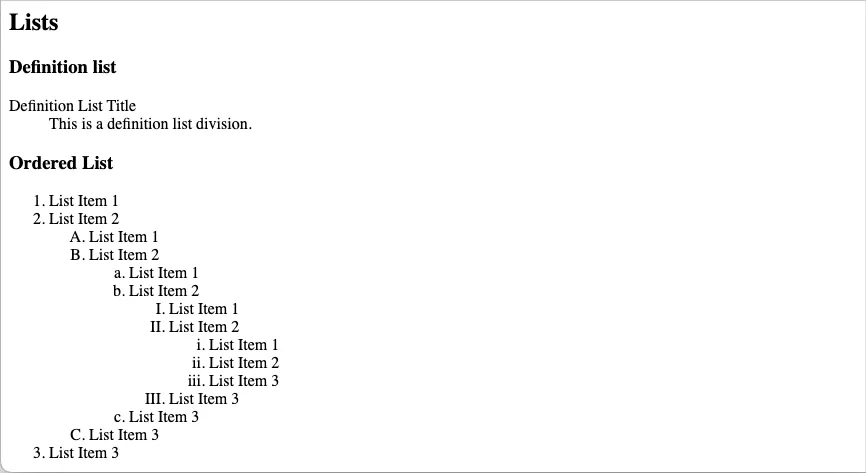 Ví dụ về các kiểu định dạng HTML mặc định như danh sách định nghĩa và danh sách có thứ tự đa cấp