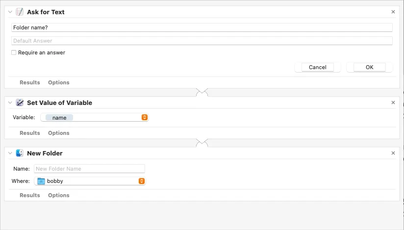 Ví dụ workflow tạo thư mục trong Automator, bao gồm các hành động &quot;Ask for Text&quot;, &quot;Set Value of Variable&quot; và &quot;New Folder&quot; được sắp xếp theo cột.