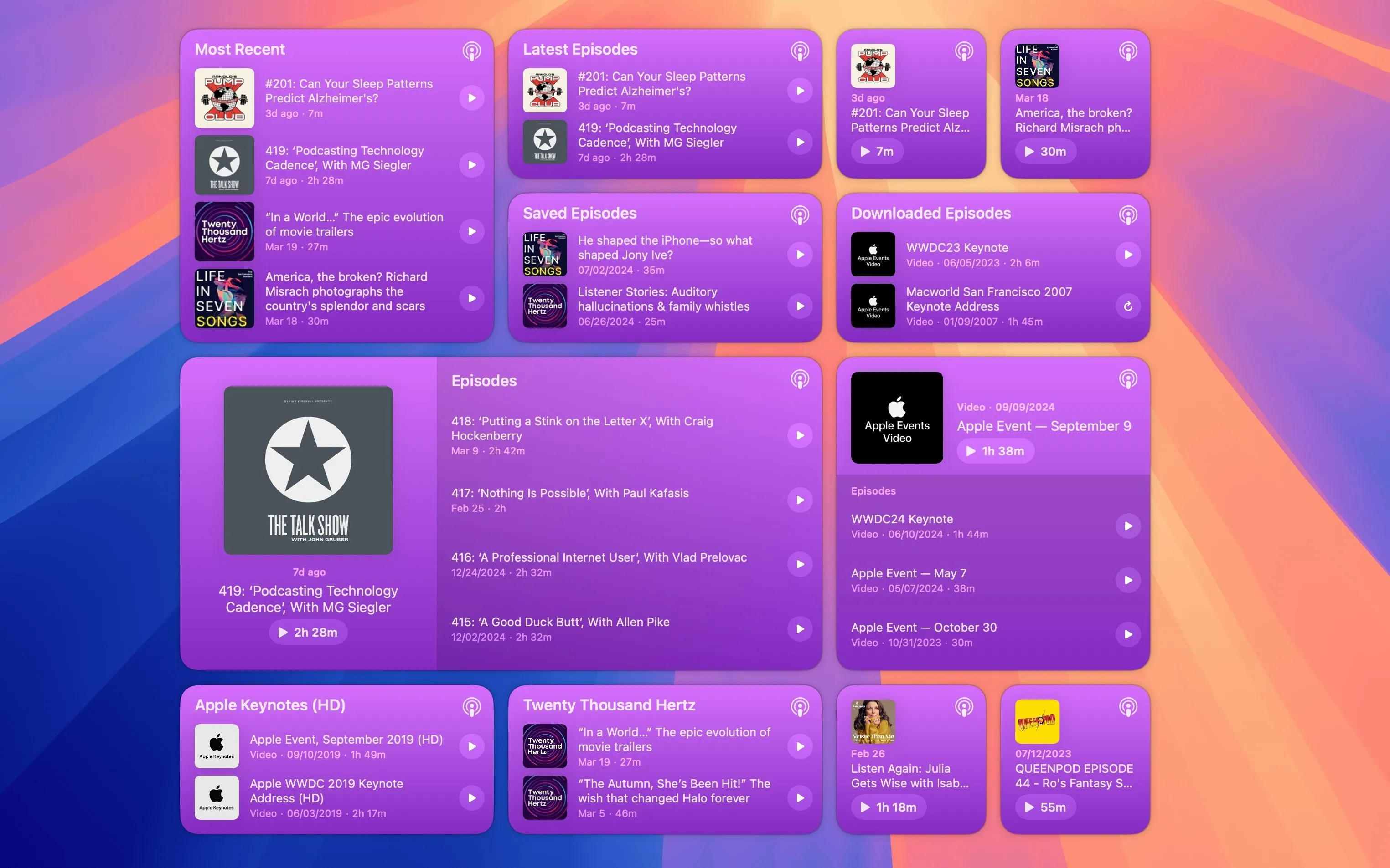 Widget Thư viện và Chương trình của Apple Podcasts trên màn hình desktop macOS Sequoia 15.4