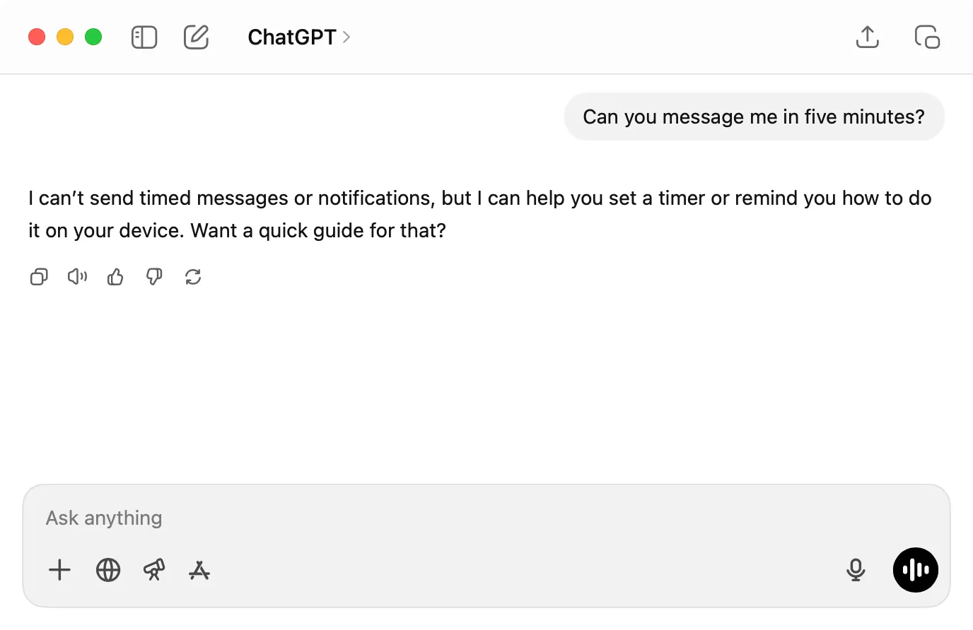 Yêu cầu gửi tin nhắn sau 5 phút bị ChatGPT từ chối do thiếu khả năng tương tác thời gian thực.